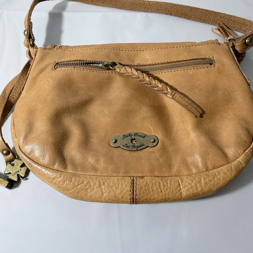 Vintage Lucky Brand Tan/Brown Leather Crossbody Hobo Bag Foldover Purse Handbag